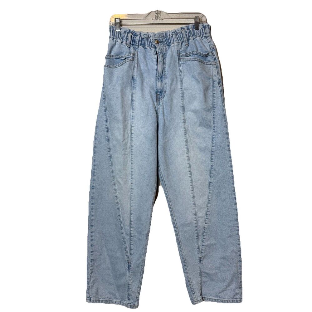 We The Free Jeans Blue Denim High Rise Stretch Elastic Waist Mom Wide Leg Sz L
